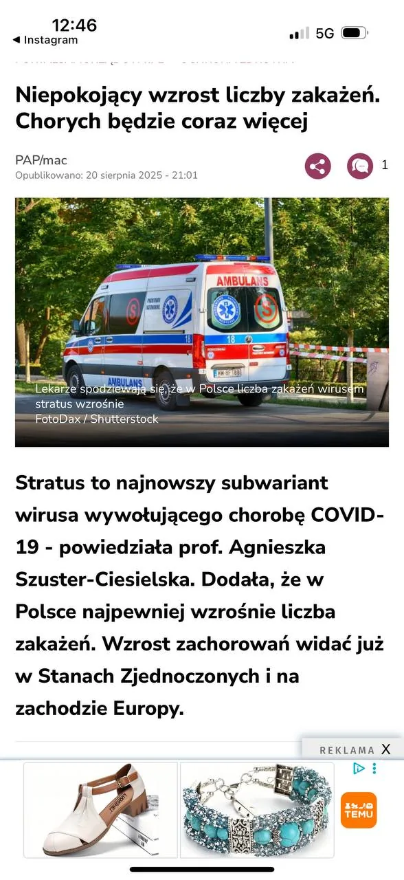 Zrzut ekranu artykułu o niepokojącym wzroście liczby zakażeń COVID-19 w Polsce Zrzut ekranu artykułu o niepokojącym wzroście liczby zakażeń COVID-19 w Polsce